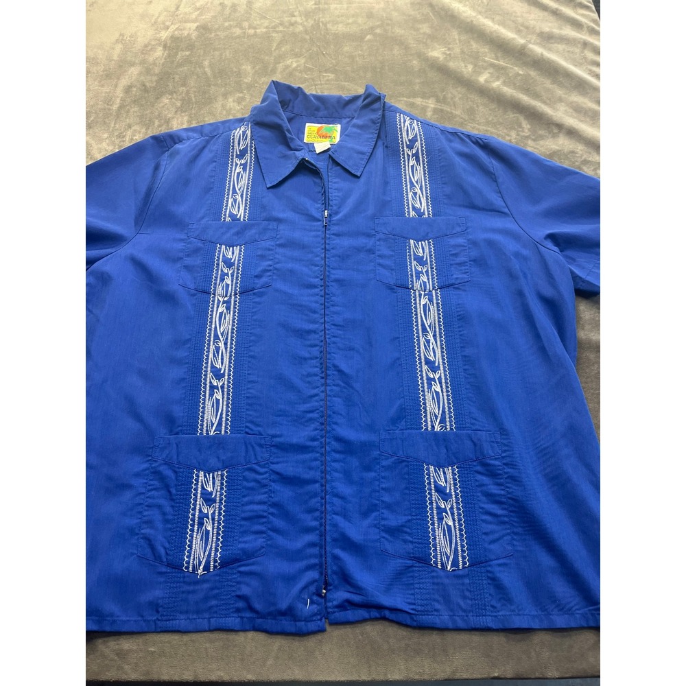 Haband Genuine Guayabera Mens Blue Full Zip Short Sleeve Embroidered Shirt XX